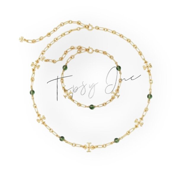Tory Burch Roxanne Green & Gold Chain Link Necklace & Bracelet Set - Picture 1 of 8